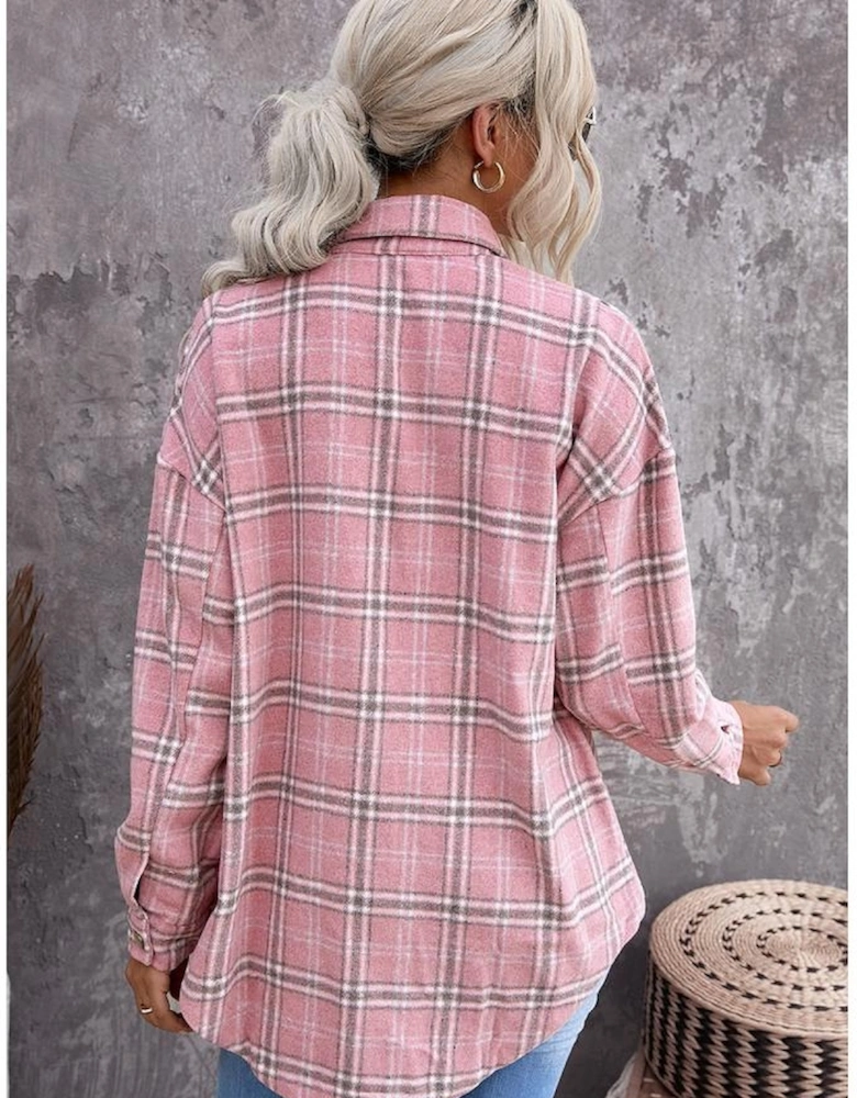 Pink Plaid Pattern Buttoned Shirt Coat with Slits