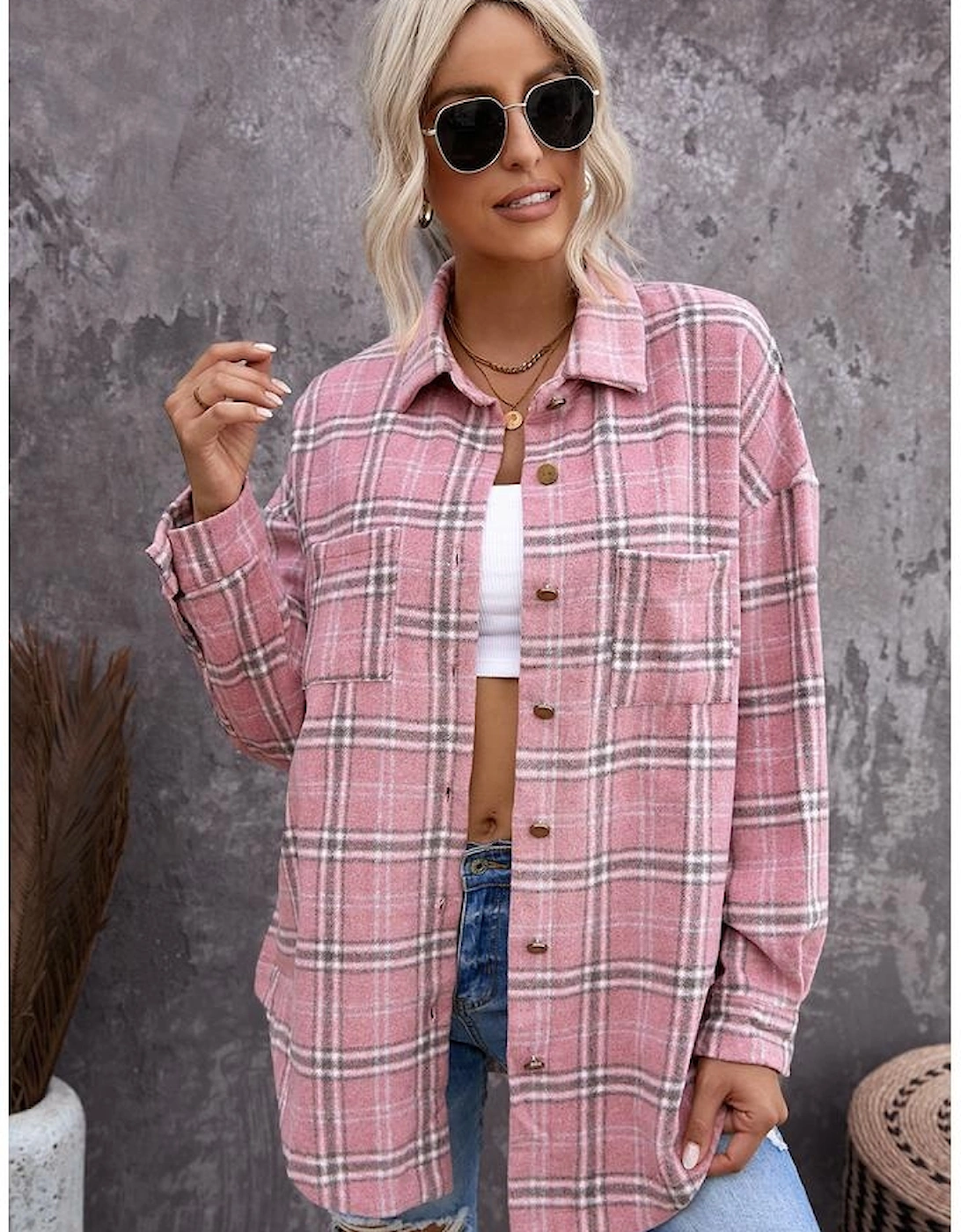 Pink Plaid Pattern Buttoned Shirt Coat with Slits