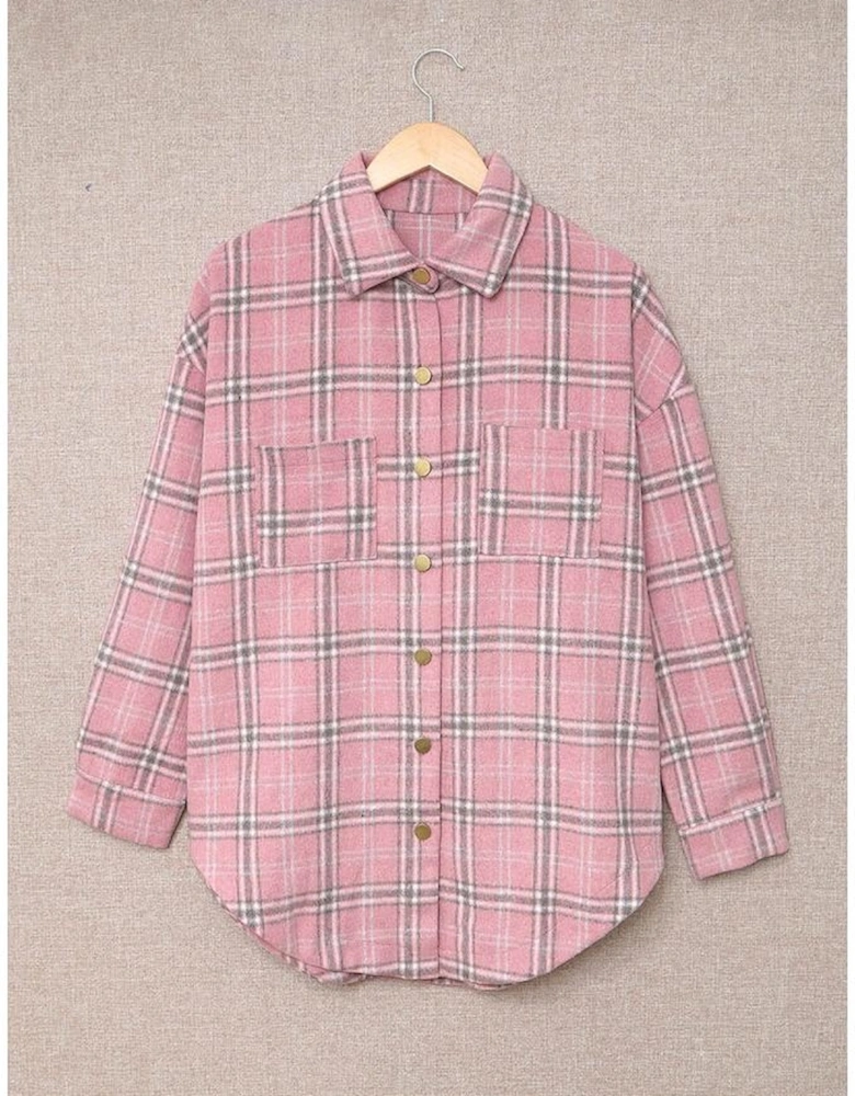 Pink Plaid Pattern Buttoned Shirt Coat with Slits