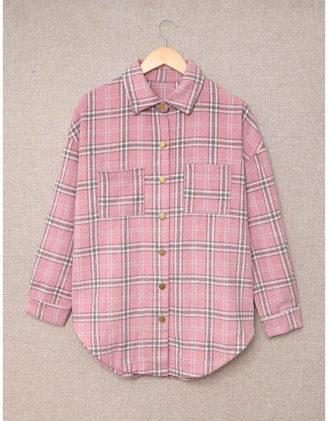 Pink Plaid Pattern Buttoned Shirt Coat with Slits