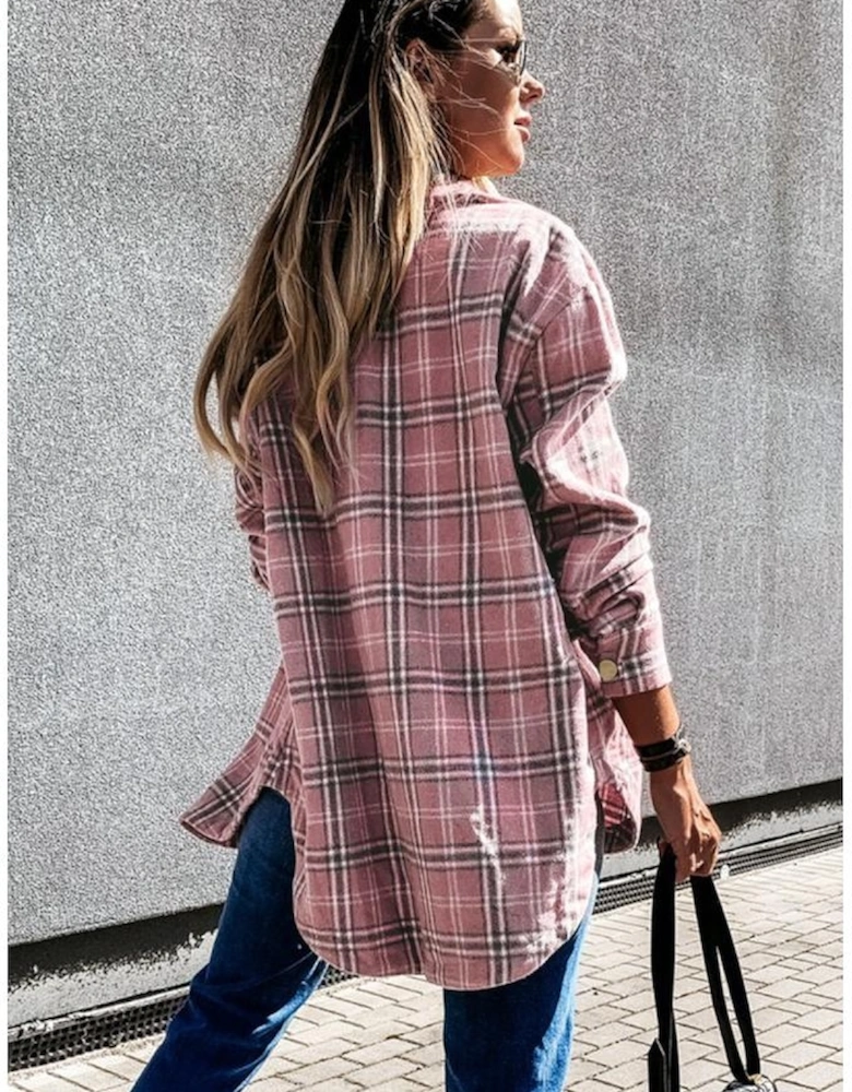 Pink Plaid Pattern Buttoned Shirt Coat with Slits