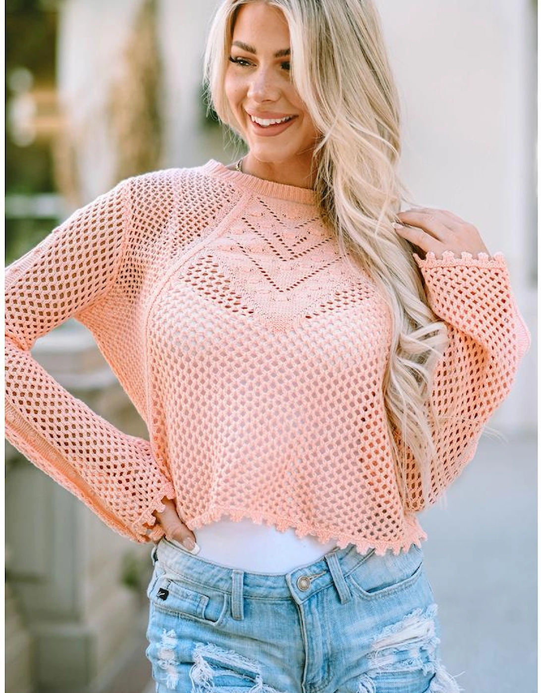 Pink Hollowed Eyelets Knit Bell Sleeve Sweater, 16 of 15