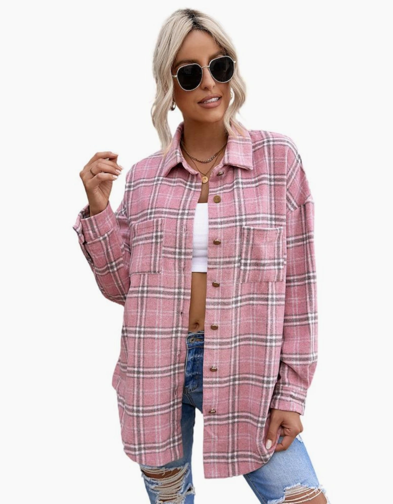Pink Plaid Pattern Buttoned Shirt Coat with Slits