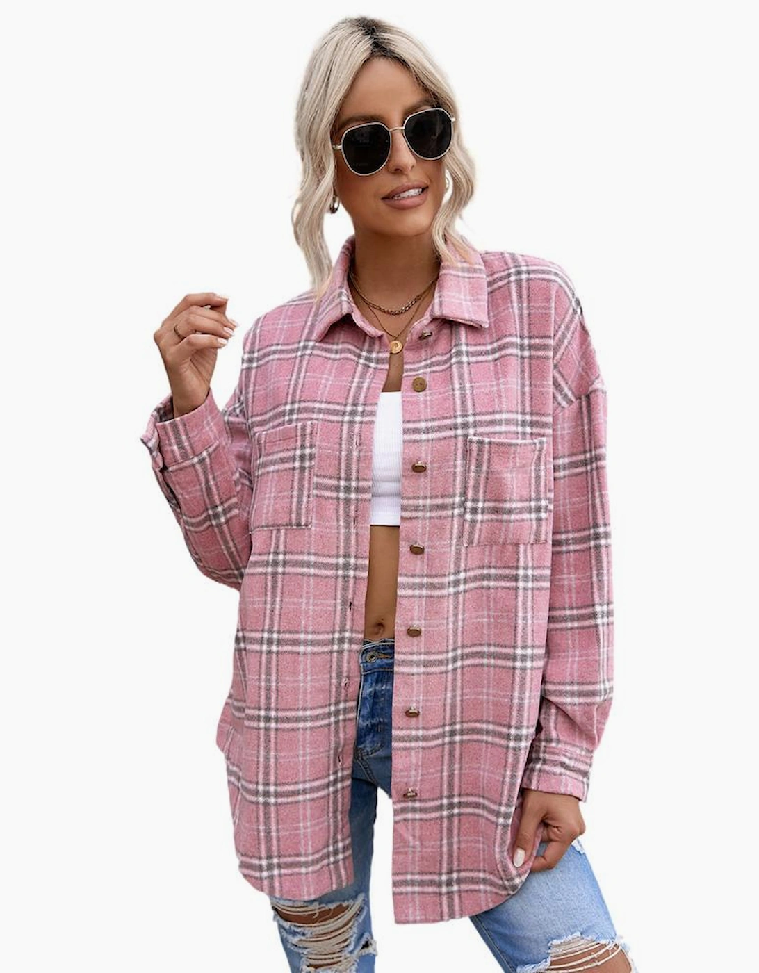 Pink Plaid Pattern Buttoned Shirt Coat with Slits