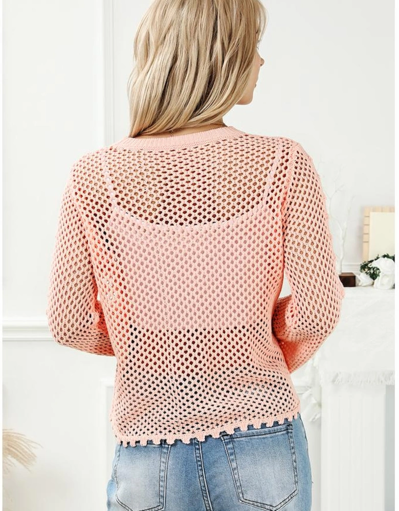 Pink Hollowed Eyelets Knit Bell Sleeve Sweater