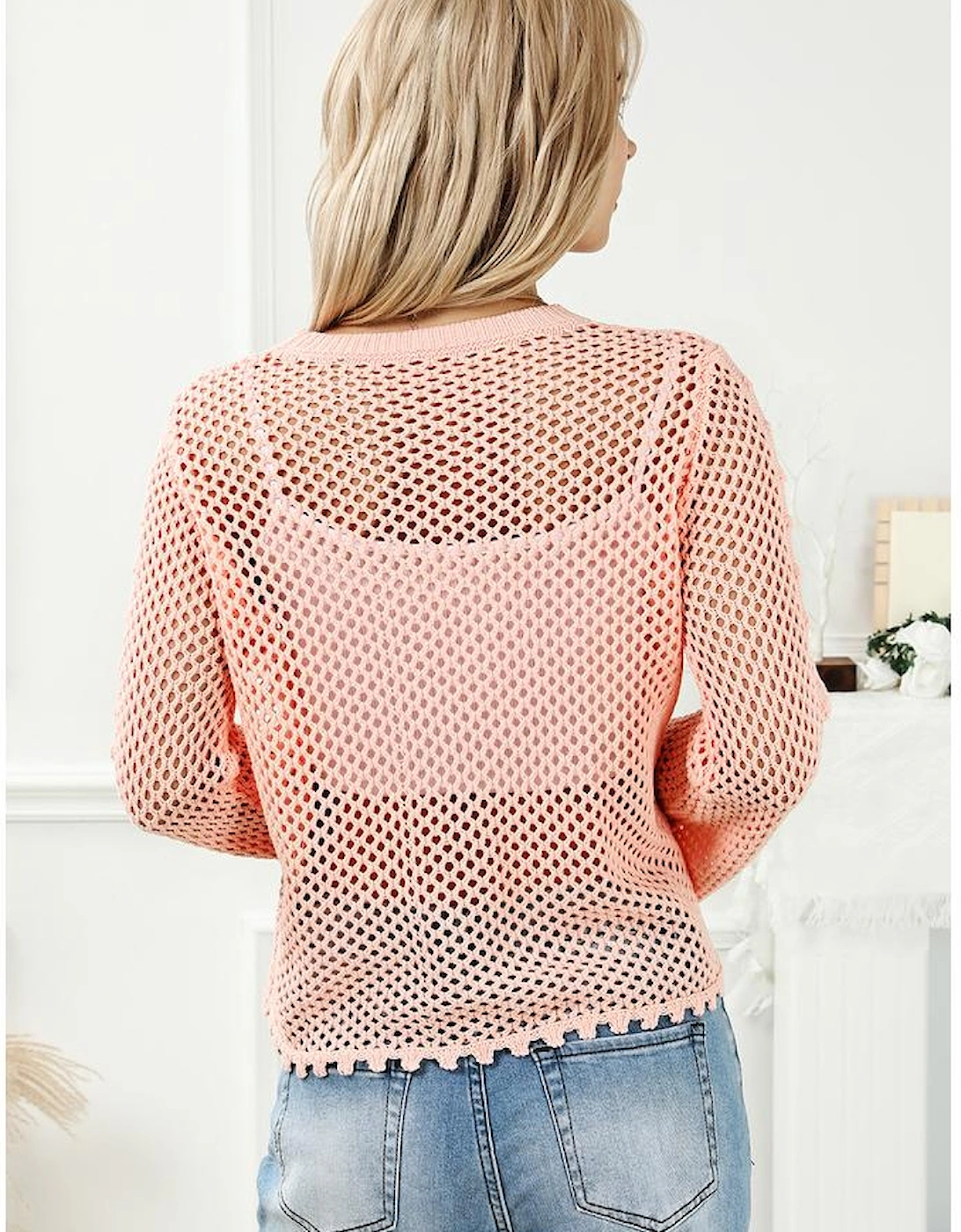 Pink Hollowed Eyelets Knit Bell Sleeve Sweater