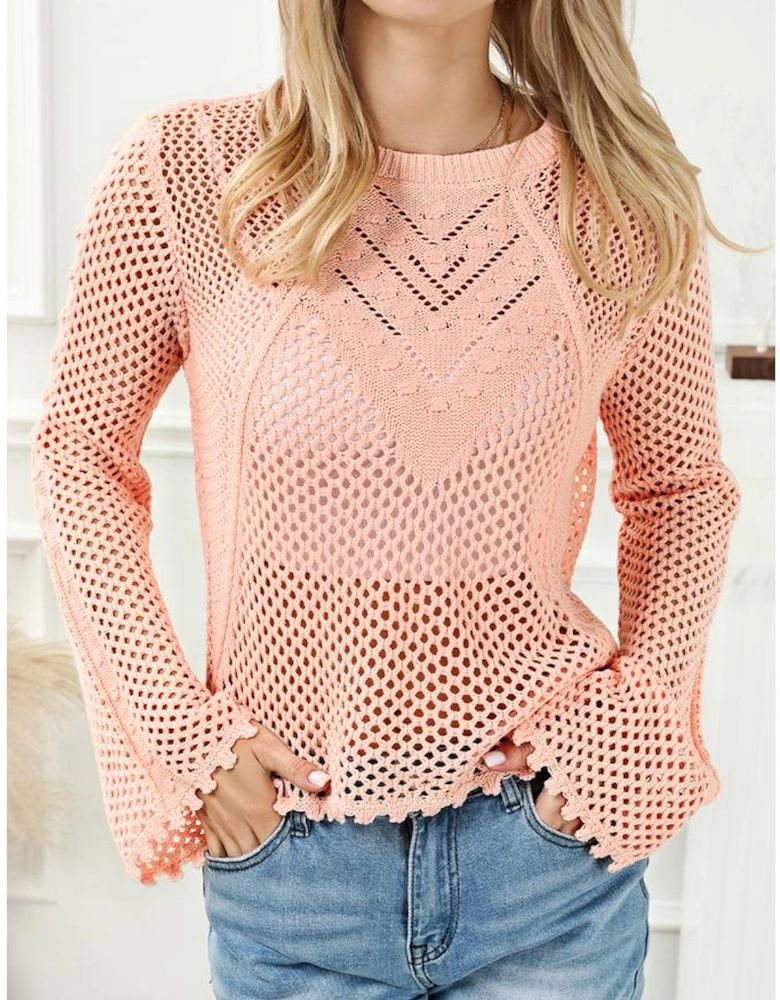Pink Hollowed Eyelets Knit Bell Sleeve Sweater