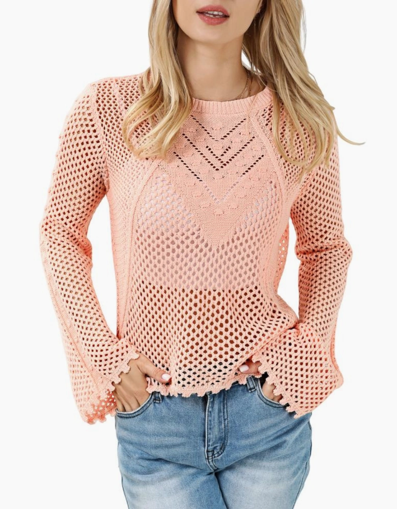 Pink Hollowed Eyelets Knit Bell Sleeve Sweater