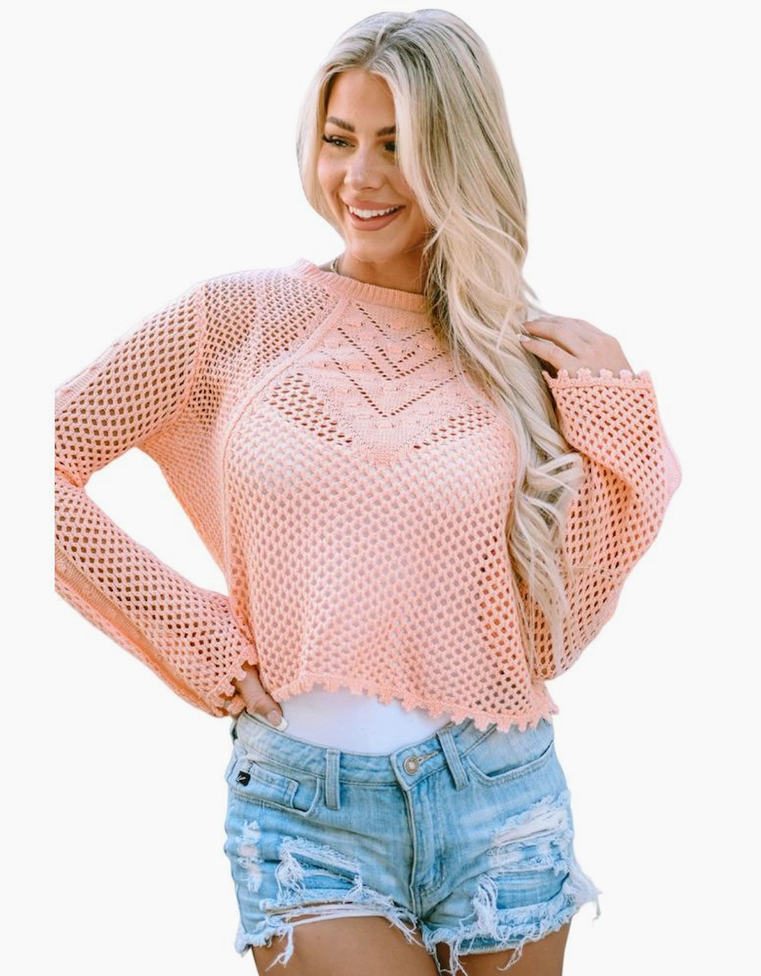 Pink Hollowed Eyelets Knit Bell Sleeve Sweater