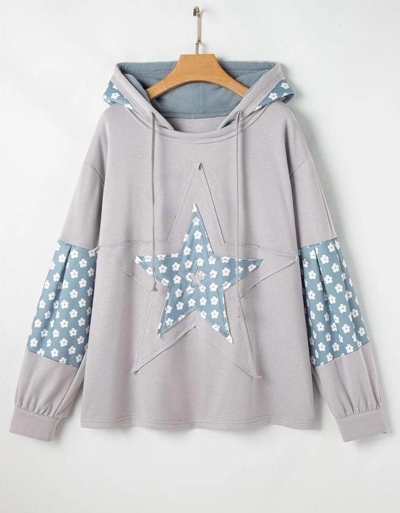 Beau Blue Floral Patchwork Star Pattern Drawstring Hoodie