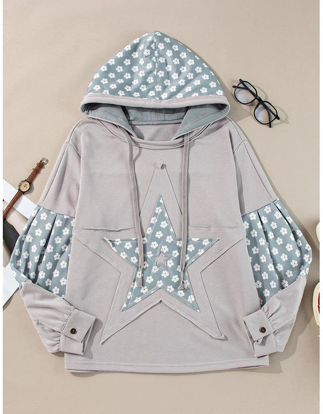 Beau Blue Floral Patchwork Star Pattern Drawstring Hoodie