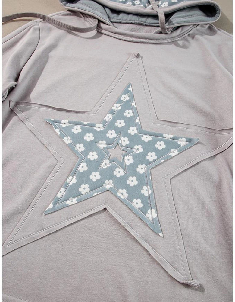 Beau Blue Floral Patchwork Star Pattern Drawstring Hoodie
