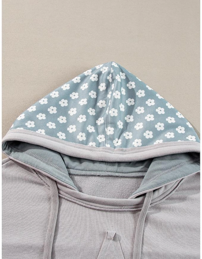 Beau Blue Floral Patchwork Star Pattern Drawstring Hoodie