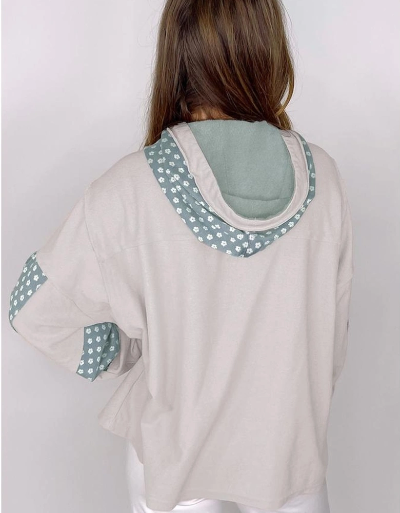 Beau Blue Floral Patchwork Star Pattern Drawstring Hoodie