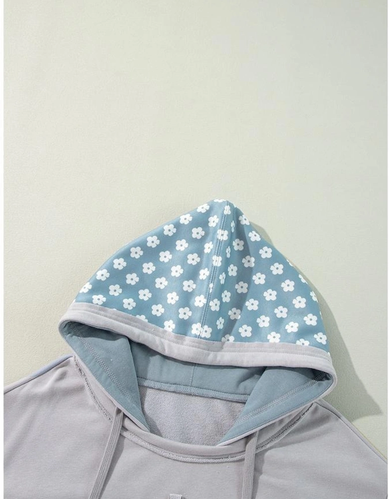 Beau Blue Floral Patchwork Star Pattern Drawstring Hoodie