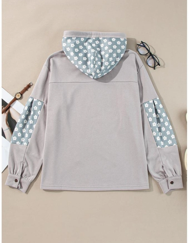 Beau Blue Floral Patchwork Star Pattern Drawstring Hoodie