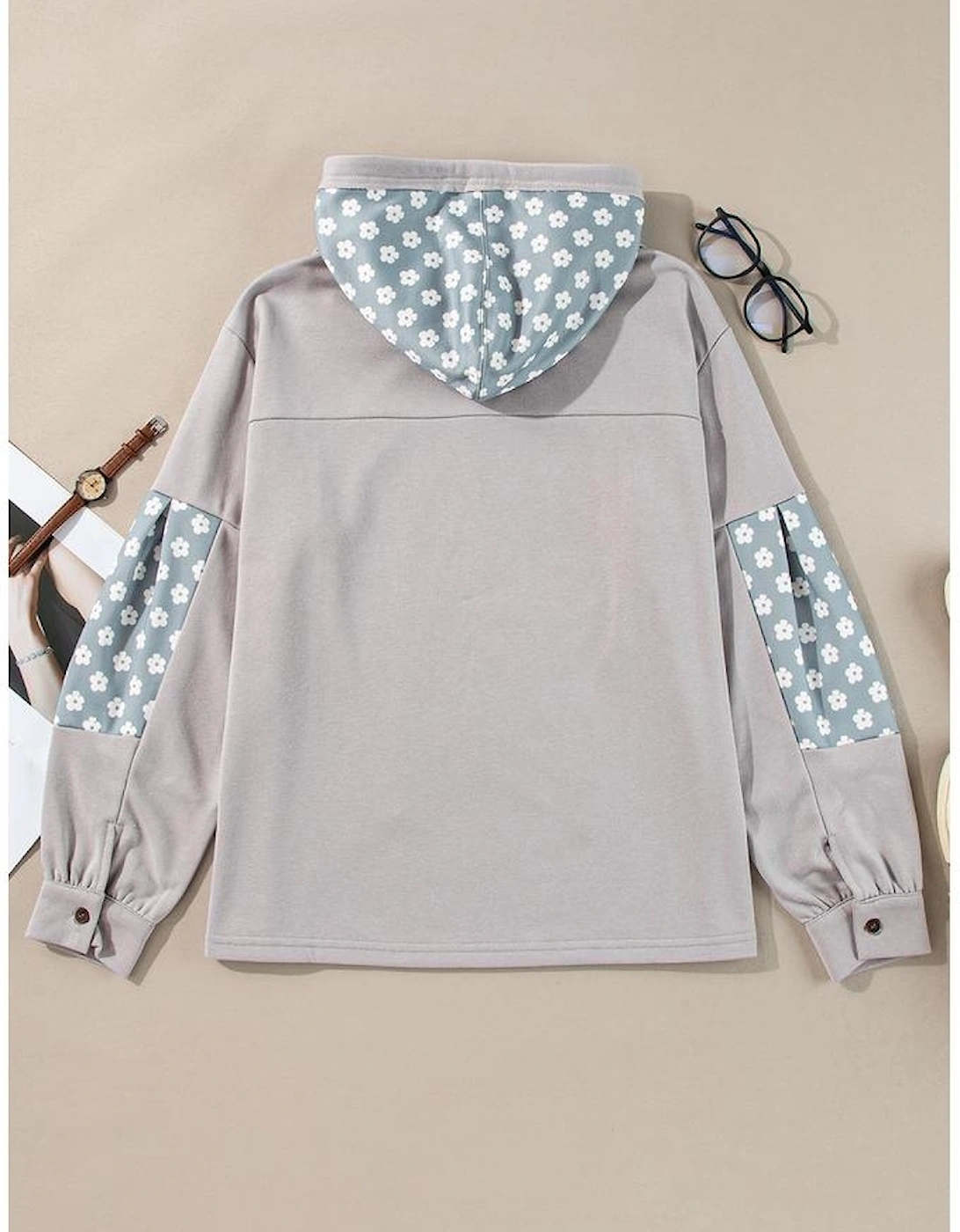 Beau Blue Floral Patchwork Star Pattern Drawstring Hoodie