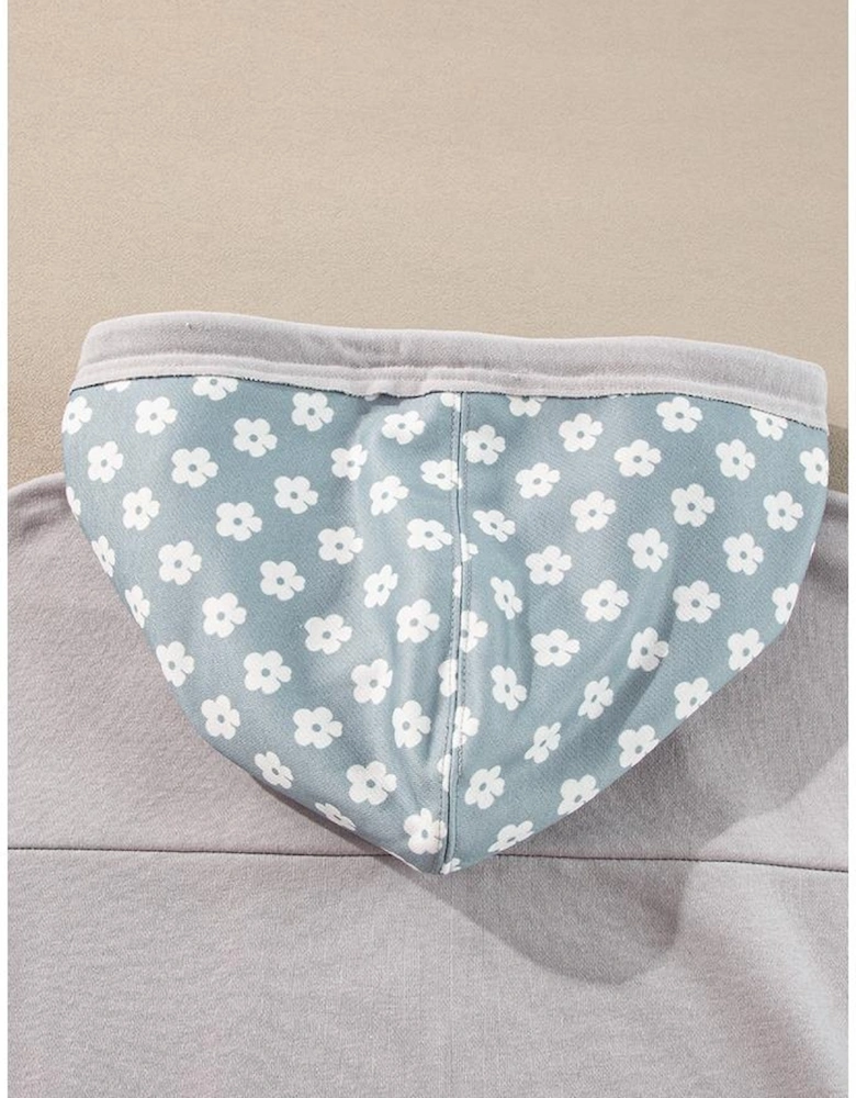 Beau Blue Floral Patchwork Star Pattern Drawstring Hoodie