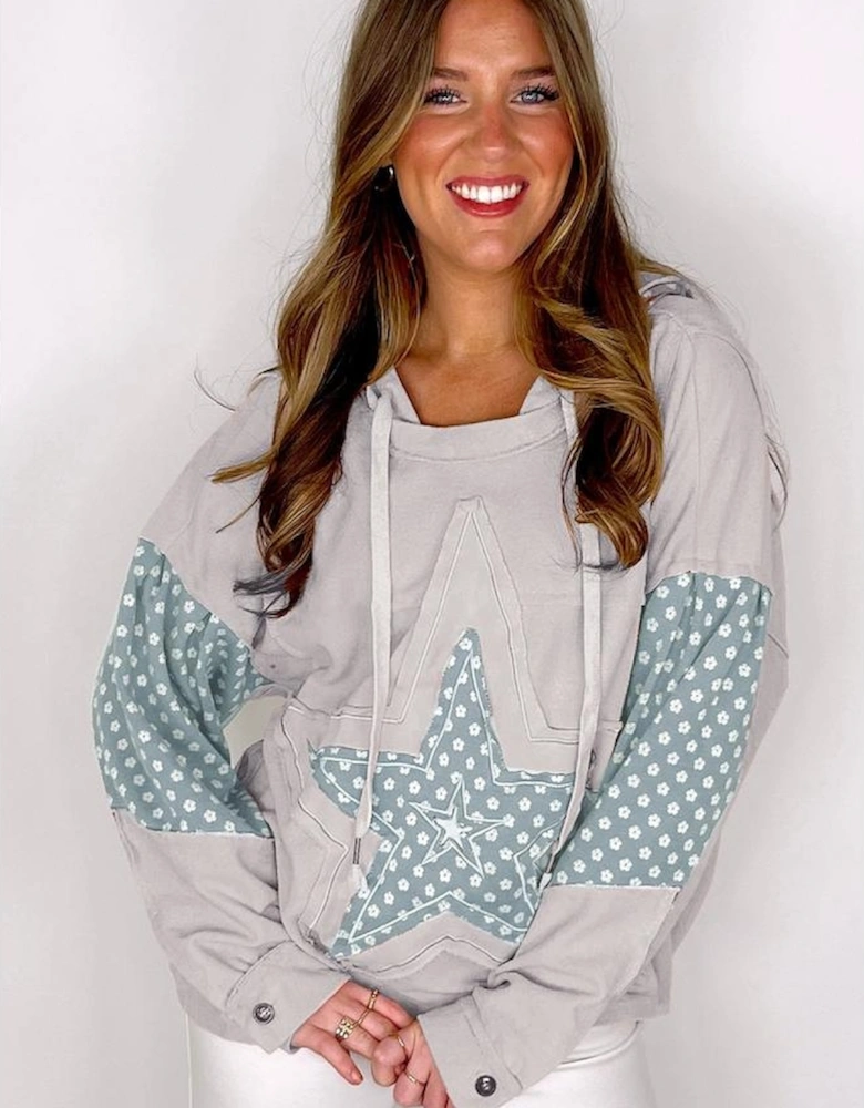 Beau Blue Floral Patchwork Star Pattern Drawstring Hoodie