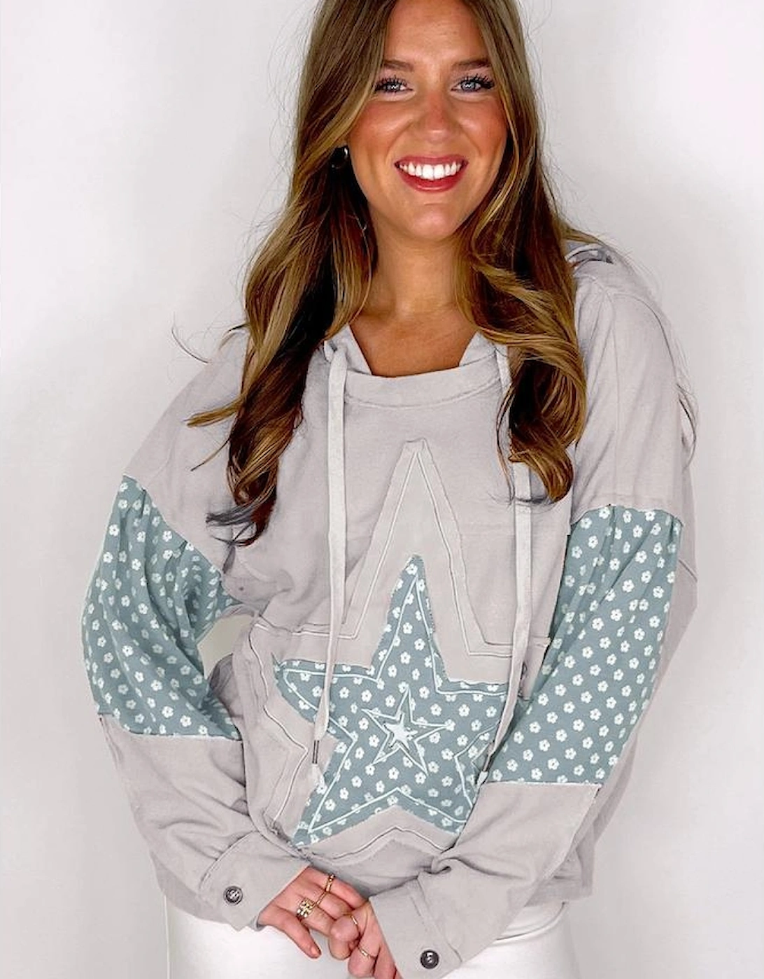 Beau Blue Floral Patchwork Star Pattern Drawstring Hoodie