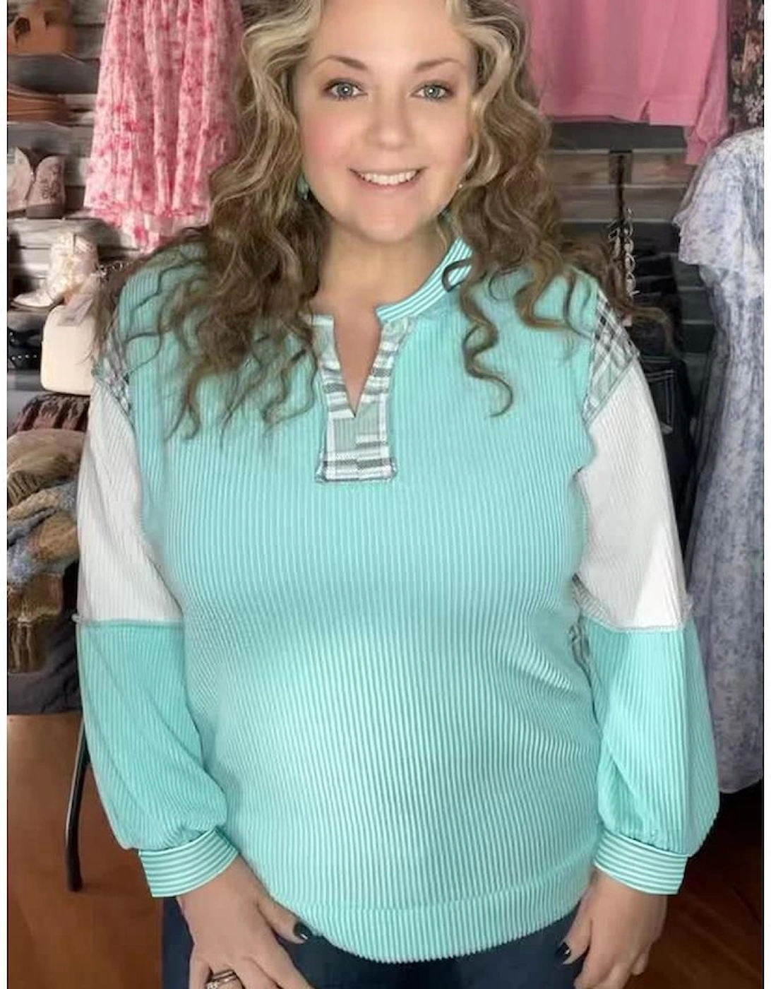 Aruba Blue Twist Ribbed Color Block Plaid Patchwork Plus Size Long Sleeve Top