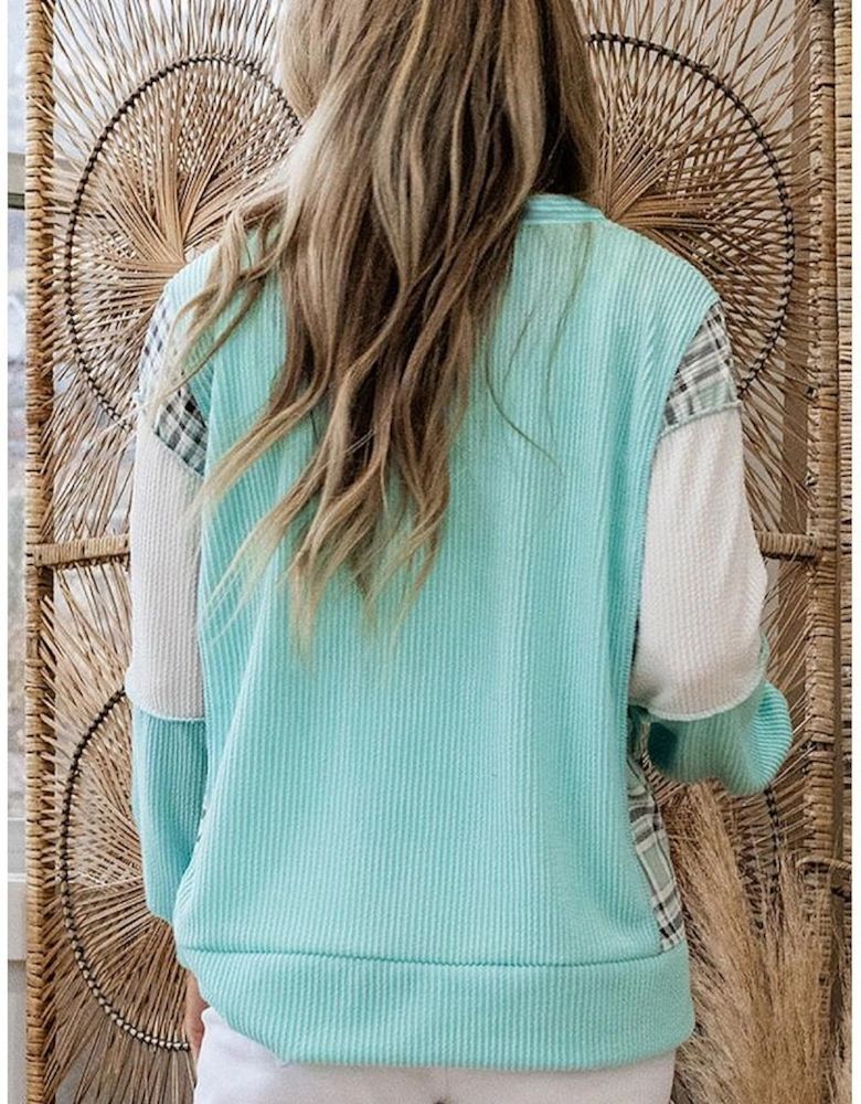 Aruba Blue Twist Ribbed Color Block Plaid Patchwork Plus Size Long Sleeve Top