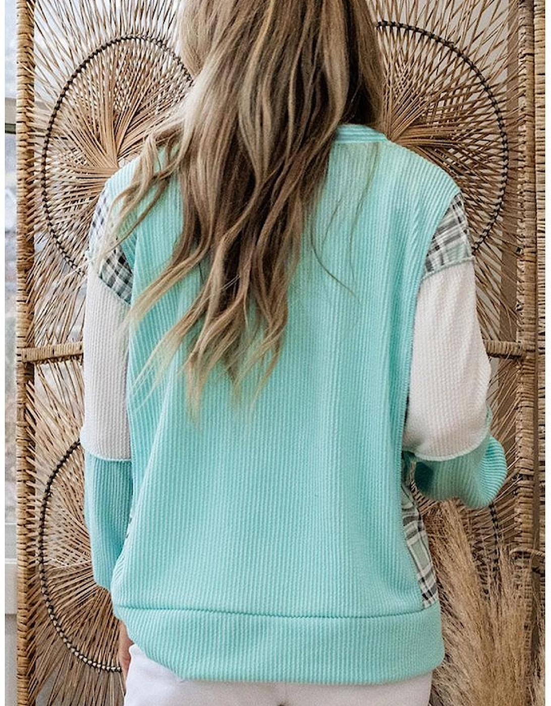 Aruba Blue Twist Ribbed Color Block Plaid Patchwork Plus Size Long Sleeve Top, 11 of 10