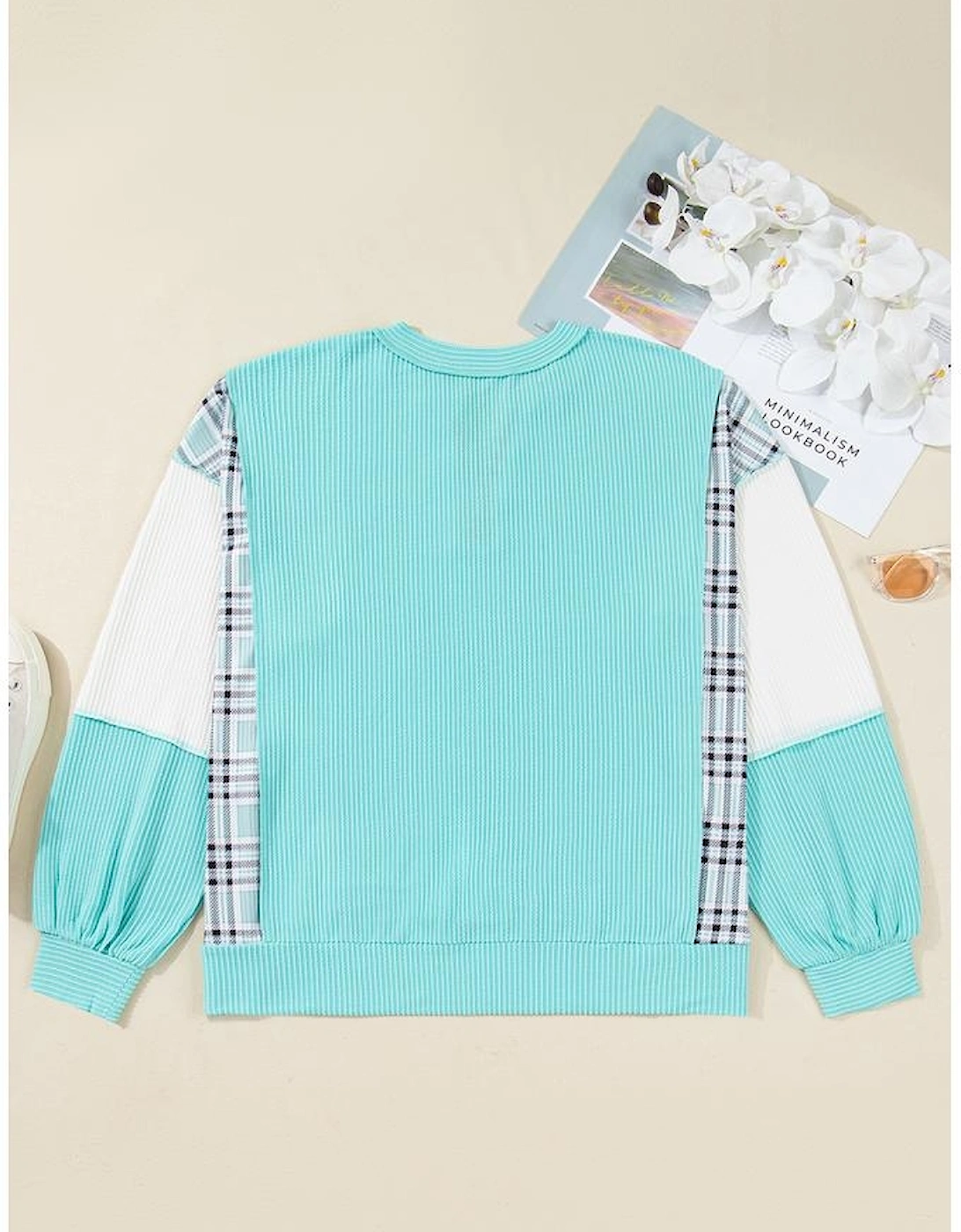 Aruba Blue Twist Ribbed Color Block Plaid Patchwork Plus Size Long Sleeve Top