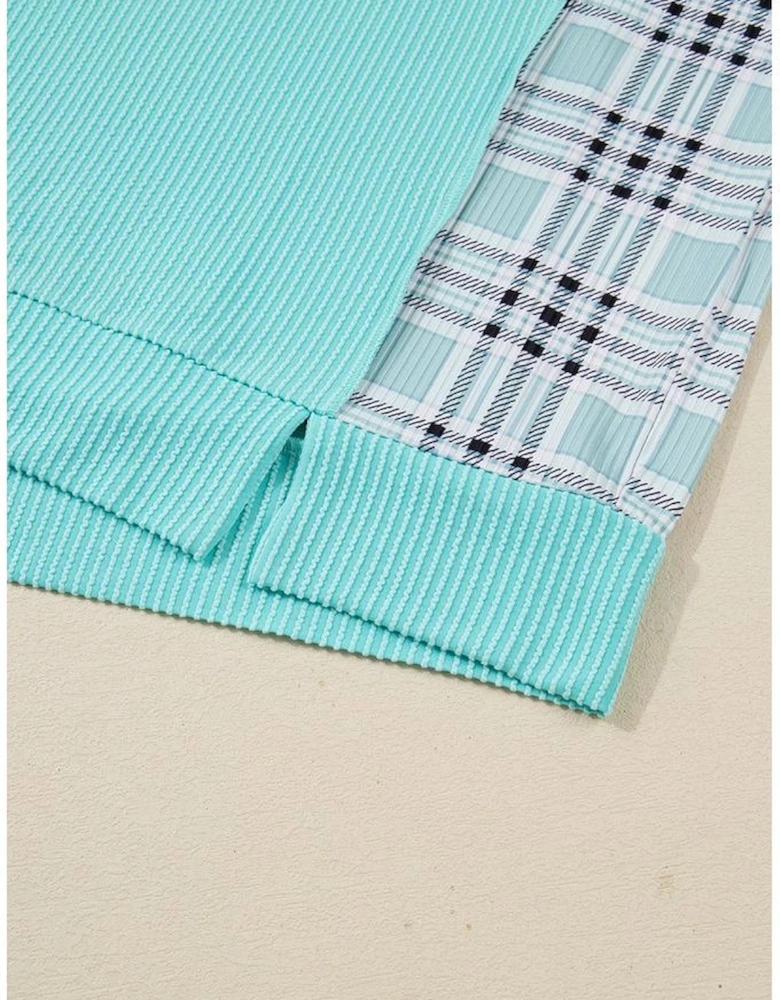 Aruba Blue Twist Ribbed Color Block Plaid Patchwork Plus Size Long Sleeve Top