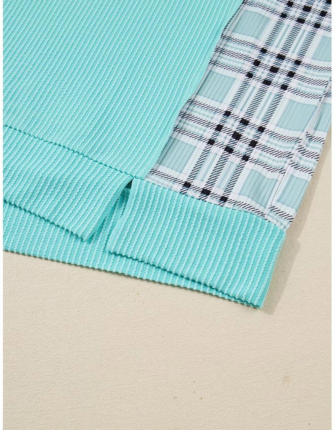 Aruba Blue Twist Ribbed Color Block Plaid Patchwork Plus Size Long Sleeve Top