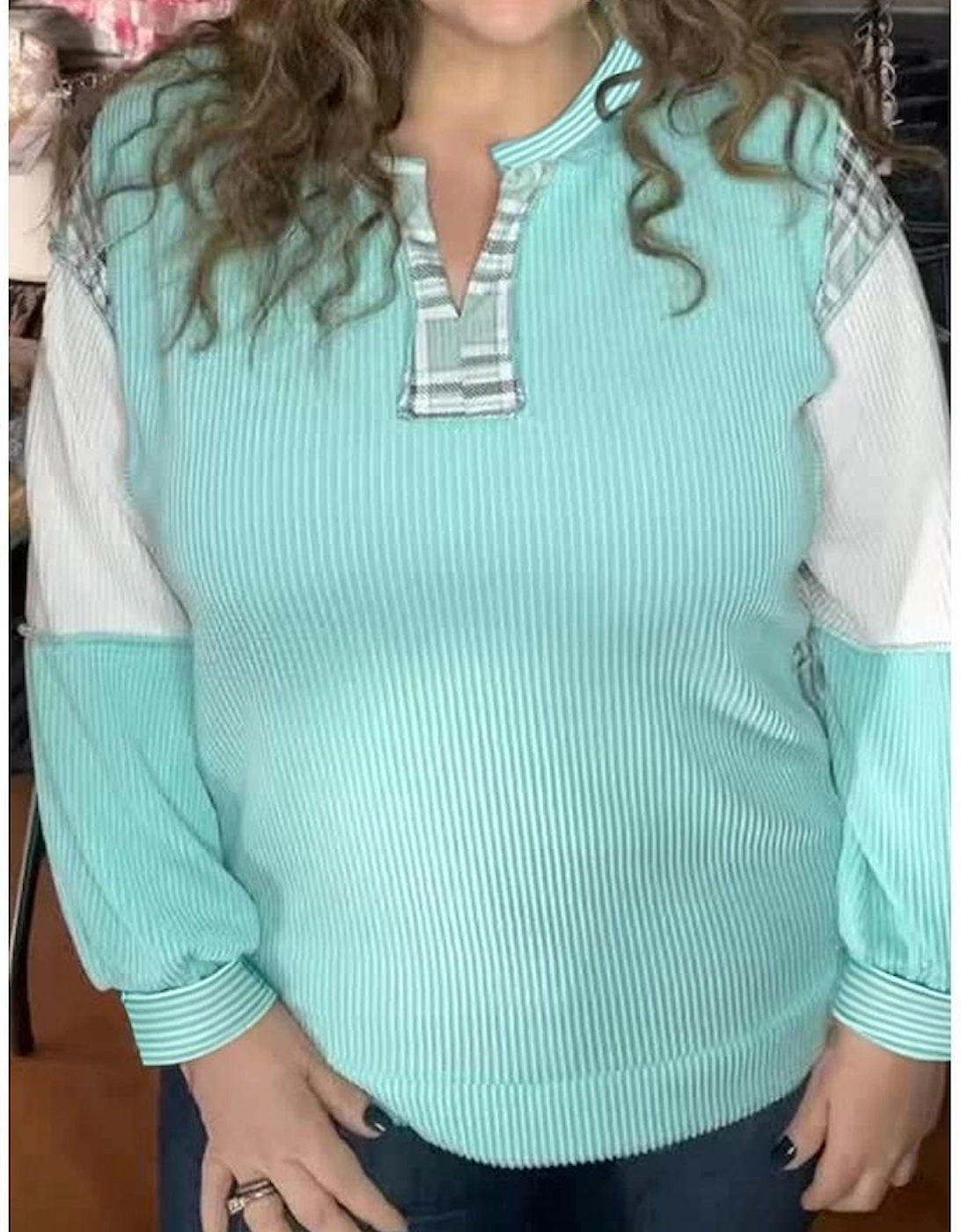 Aruba Blue Twist Ribbed Color Block Plaid Patchwork Plus Size Long Sleeve Top