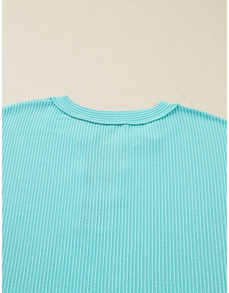 Aruba Blue Twist Ribbed Color Block Plaid Patchwork Plus Size Long Sleeve Top