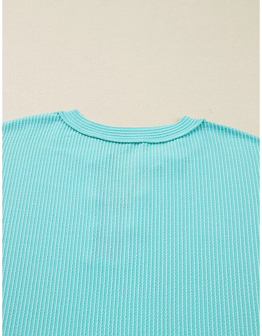 Aruba Blue Twist Ribbed Color Block Plaid Patchwork Plus Size Long Sleeve Top