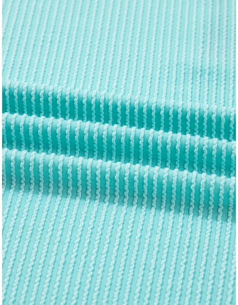 Aruba Blue Twist Ribbed Color Block Plaid Patchwork Plus Size Long Sleeve Top