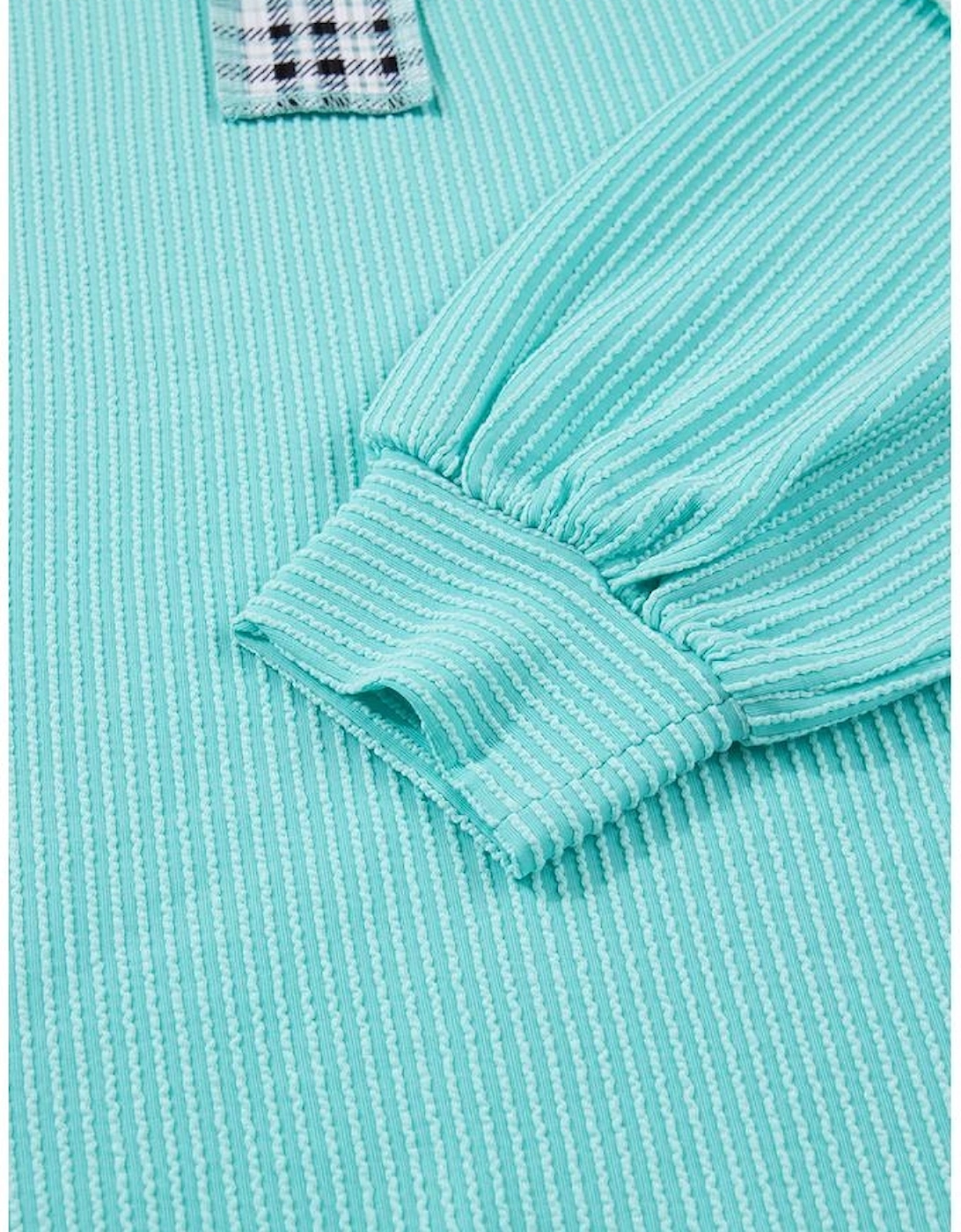 Aruba Blue Twist Ribbed Color Block Plaid Patchwork Plus Size Long Sleeve Top