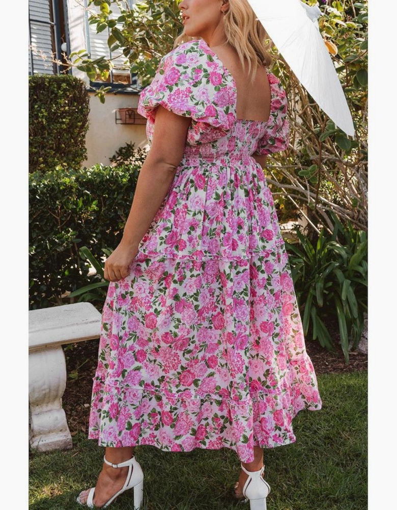 Pink Dainty Floral Smocked Puff Sleeve Flowy Long Dress