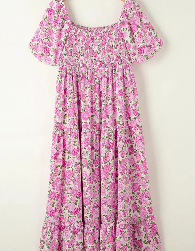 Pink Dainty Floral Smocked Puff Sleeve Flowy Long Dress