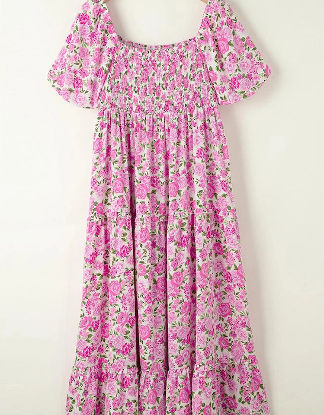 Pink Dainty Floral Smocked Puff Sleeve Flowy Long Dress