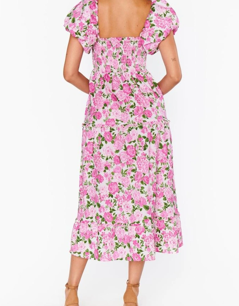 Pink Dainty Floral Smocked Puff Sleeve Flowy Long Dress