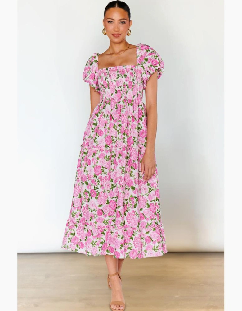 Pink Dainty Floral Smocked Puff Sleeve Flowy Long Dress
