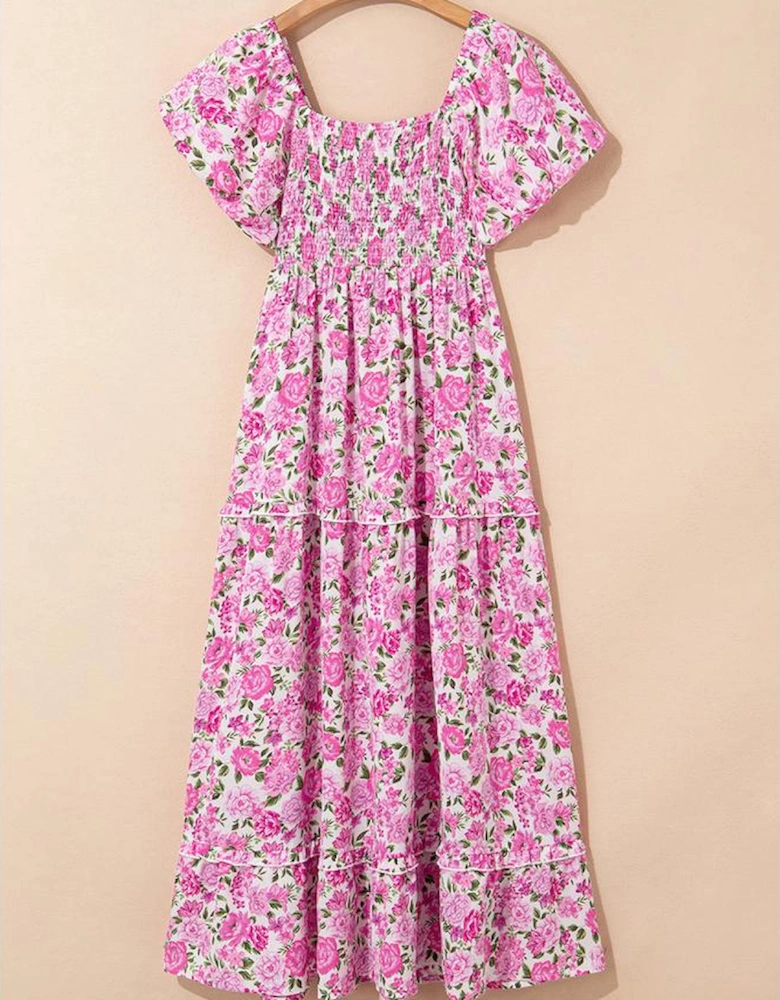 Pink Dainty Floral Smocked Puff Sleeve Flowy Long Dress