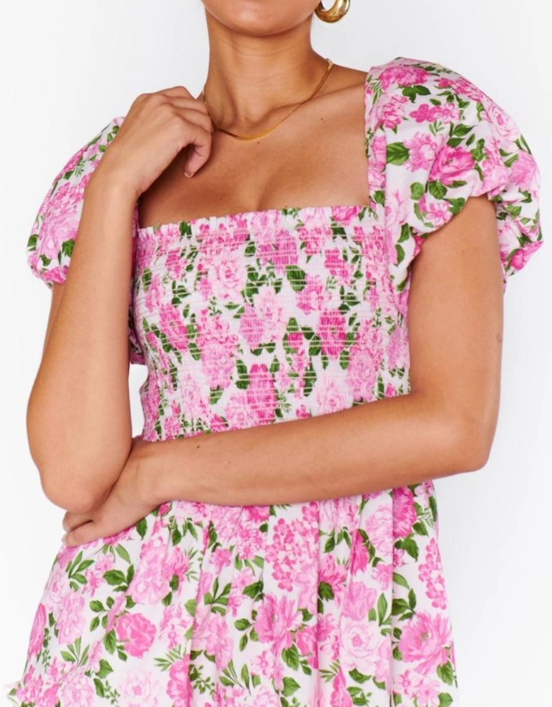 Pink Dainty Floral Smocked Puff Sleeve Flowy Long Dress