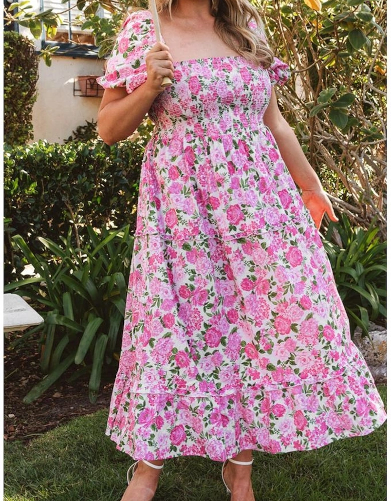 Pink Dainty Floral Smocked Puff Sleeve Flowy Long Dress