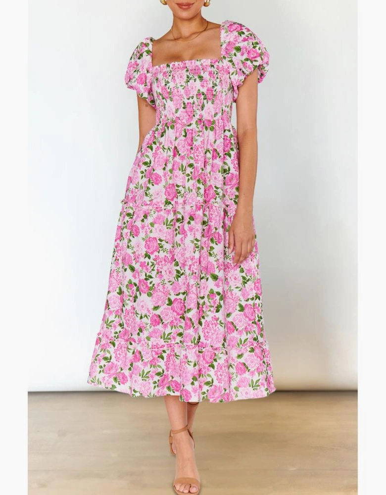 Pink Dainty Floral Smocked Puff Sleeve Flowy Long Dress