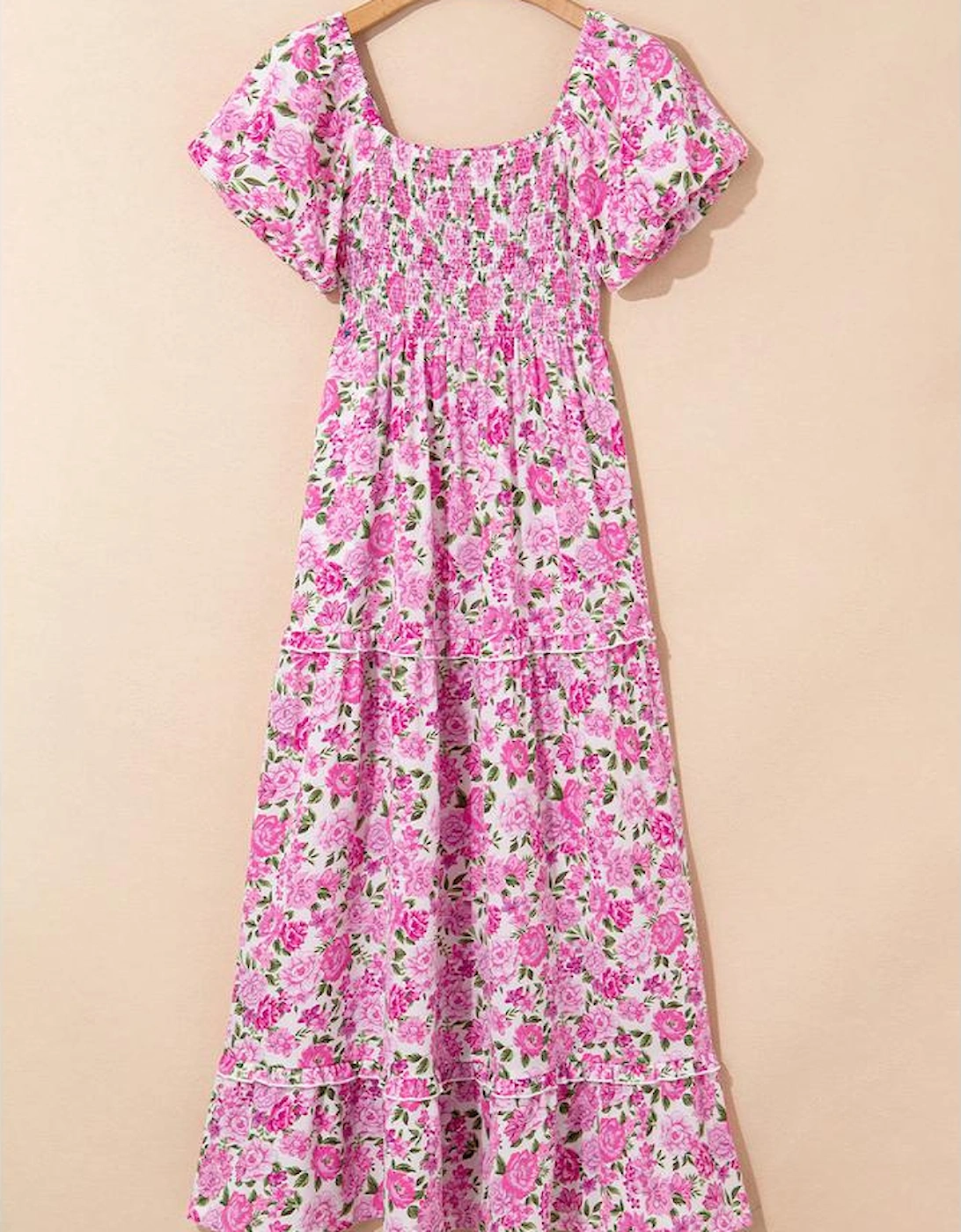 Pink Dainty Floral Smocked Puff Sleeve Flowy Long Dress