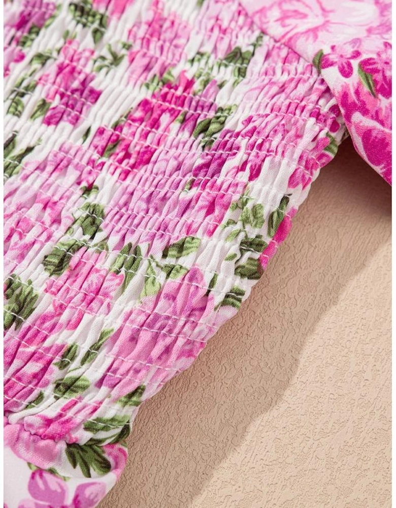 Pink Dainty Floral Smocked Puff Sleeve Flowy Long Dress
