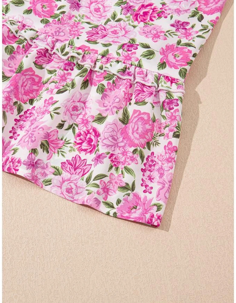 Pink Dainty Floral Smocked Puff Sleeve Flowy Long Dress