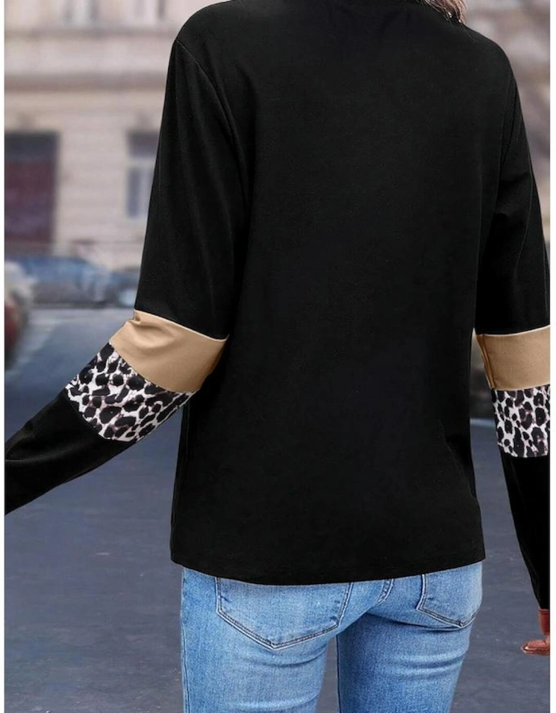 Khaki Leopard Colorblock Patchwork Crew Neck Long Sleeve Tee