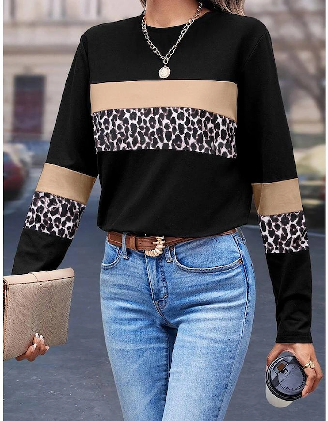 Khaki Leopard Colorblock Patchwork Crew Neck Long Sleeve Tee
