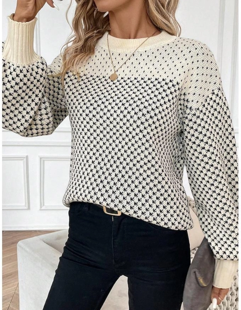 Black Contrast Color Pattern Lantern Sleeve Sweater